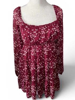 Burgundy Floral Blouse - White Dot Print